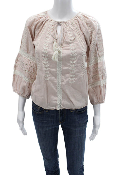 MNG Women Bohemian Pink Cotton Blend Drawstring 3/4 Sleeve Blouse Size M