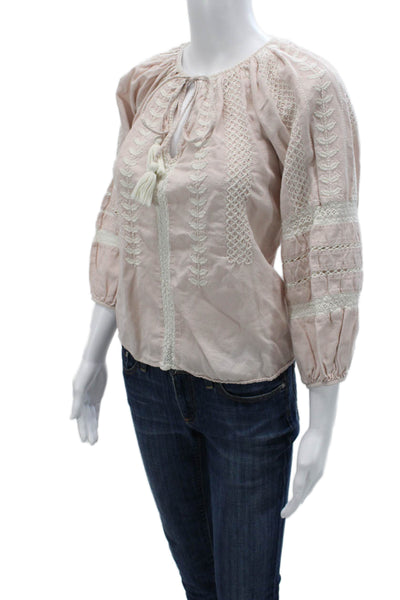 MNG Women Bohemian Pink Cotton Blend Drawstring 3/4 Sleeve Blouse Size M