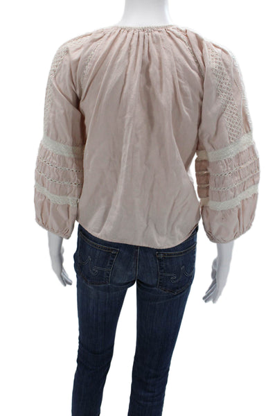 MNG Women Bohemian Pink Cotton Blend Drawstring 3/4 Sleeve Blouse Size M