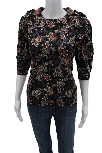 Ba&Sh Womens Black Paisley Cotton Blouse 3/4 Sleeve Zip Round Neck Size XS