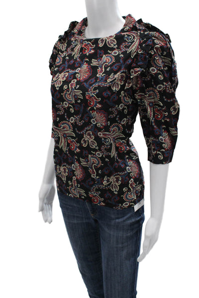 Ba&Sh Womens Black Paisley Cotton Blouse 3/4 Sleeve Zip Round Neck Size XS