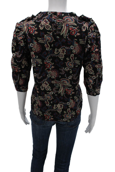 Ba&Sh Womens Black Paisley Cotton Blouse 3/4 Sleeve Zip Round Neck Size XS