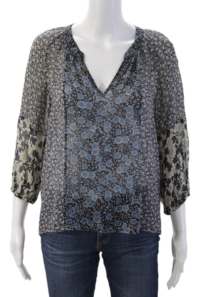 Joie Womens Silk Tunic Blouse Black V-Neck 3/4 Sleeve Floral Boho Size XS