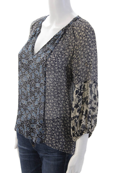 Joie Womens Silk Tunic Blouse Black V-Neck 3/4 Sleeve Floral Boho Size XS
