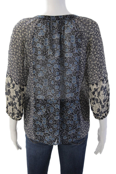 Joie Womens Silk Tunic Blouse Black V-Neck 3/4 Sleeve Floral Boho Size XS