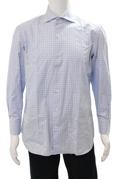 Tincati Mens Cutaway Spread Dress Shirt Light Blue Check 100% Cotton Size 16