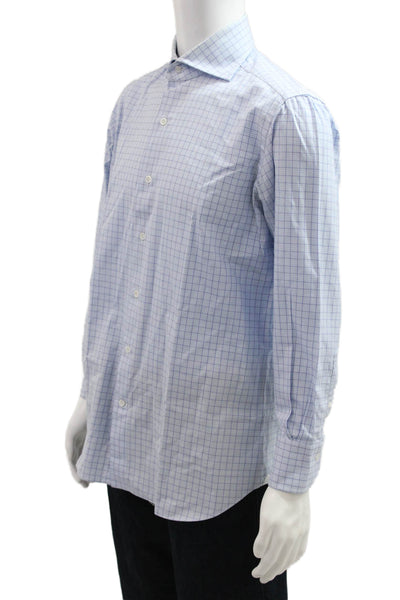 Tincati Mens Cutaway Spread Dress Shirt Light Blue Check 100% Cotton Size 16