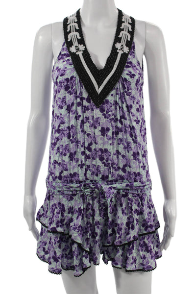 Poupette St. Barth Women Black Floral V Neck Sleeveless Romper Short Size 0