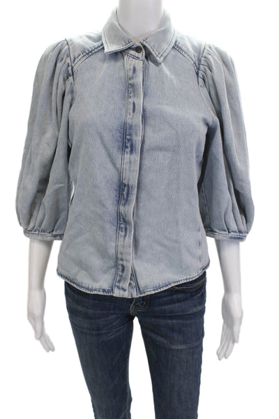 Zara Women Light Blue Collared Cotton Lyocell 3/4 Sleeve Jacket Size S