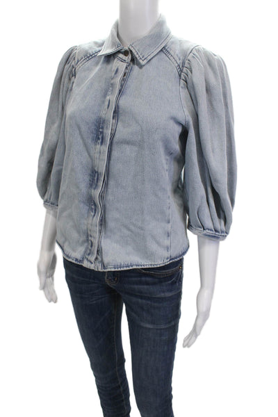 Zara Women Light Blue Collared Cotton Lyocell 3/4 Sleeve Jacket Size S