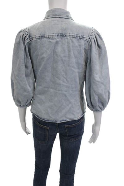 Zara Women Light Blue Collared Cotton Lyocell 3/4 Sleeve Jacket Size S