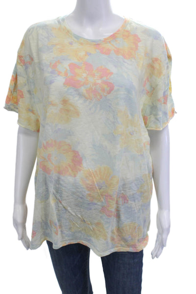 Free People Womens Light Blue Floral Crew Neck Short Sleeve T-Shirt Size L