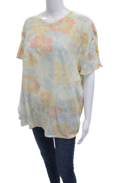 Free People Womens Light Blue Floral Crew Neck Short Sleeve T-Shirt Size L