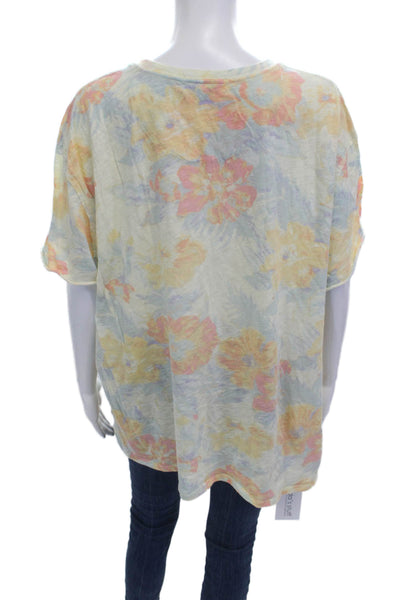 Free People Womens Light Blue Floral Crew Neck Short Sleeve T-Shirt Size L