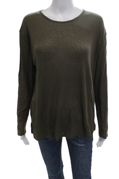 Massimo Dutti Women Basic Army Green Long Sleeve Round Neck Top Size M