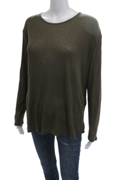Massimo Dutti Women Basic Army Green Long Sleeve Round Neck Top Size M
