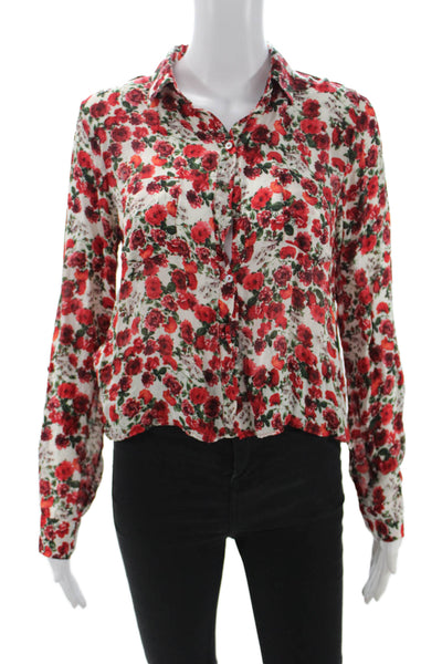 Zara Womens Floral Silk Collared Button-Up Long Sleeve Blouse Red Size S