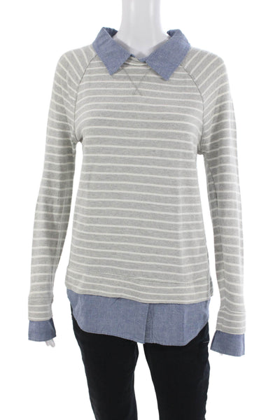 Soft Joie Women Collared Striped Cotton Sweater Basic Preppy Gray Size XS