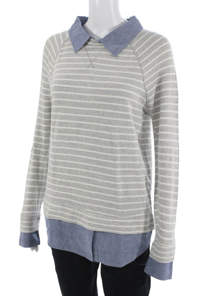 Soft Joie Women Collared Striped Cotton Sweater Basic Preppy Gray Size XS