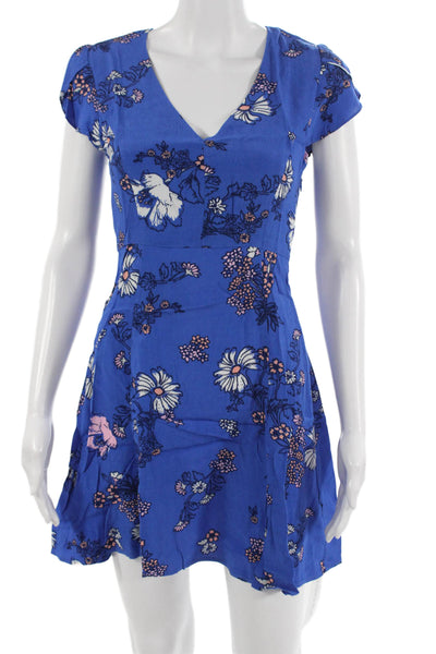 Mink Pink Women Fit & Flare Mini Dress Blue V-Neck Short Sleeve Size XS