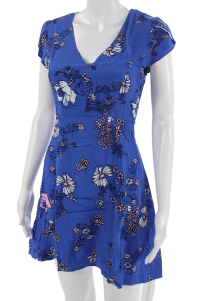 Mink Pink Women Fit & Flare Mini Dress Blue V-Neck Short Sleeve Size XS
