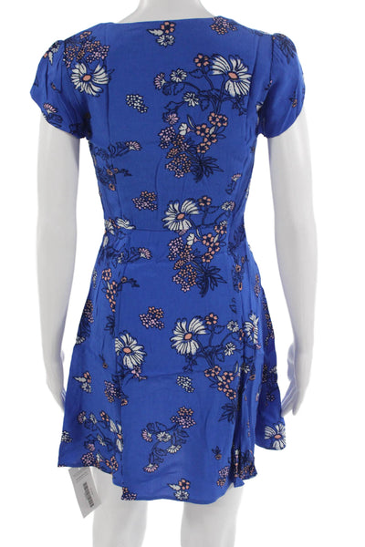 Mink Pink Women Fit & Flare Mini Dress Blue V-Neck Short Sleeve Size XS