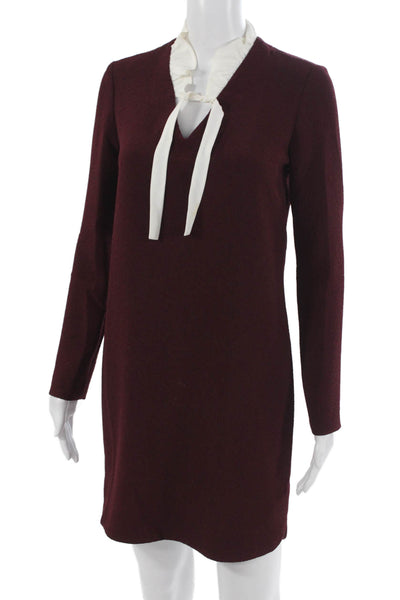 Sandro Women Shift Dress Red V-Neck Long Sleeve Knee Length Size 1