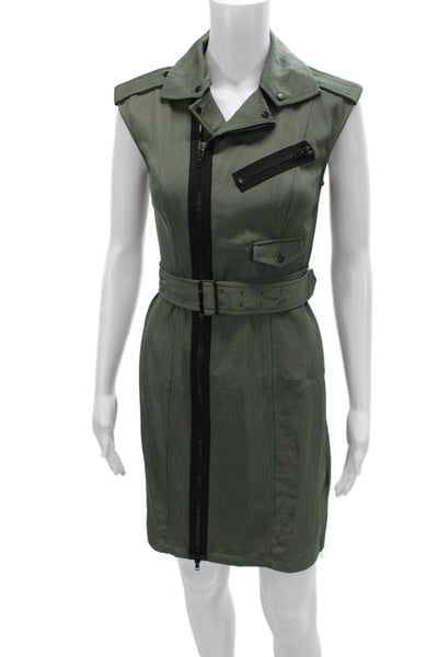 Alexander Wang Women Mini Jacket Dress Sleeveless Collared Green Buckle Size 2