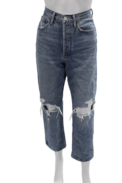 Agolde Women Cropped Mom Jeans Blue Organic Cotton High Rise Size 24