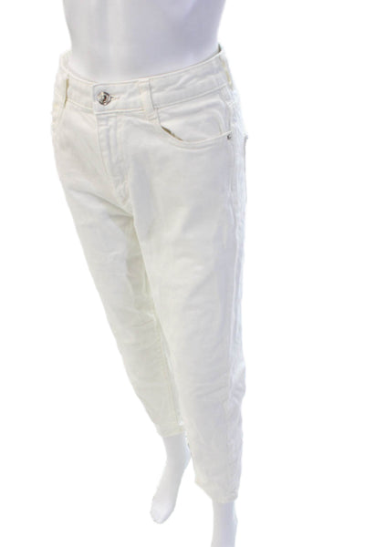 Zara Womens Ankle Cropped Pants White Mid Rise Button 28 Inseam Size 4