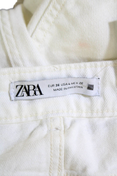 Zara Womens Ankle Cropped Pants White Mid Rise Button 28 Inseam Size 4