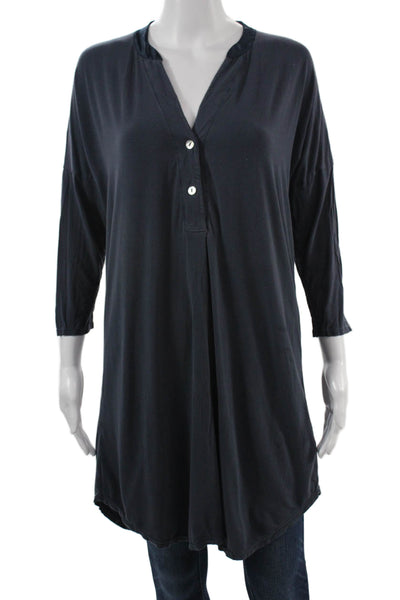 Fleurs Womens Dark Blue V-Neck Tunic Button-Up 3/4 Sleeve Size M