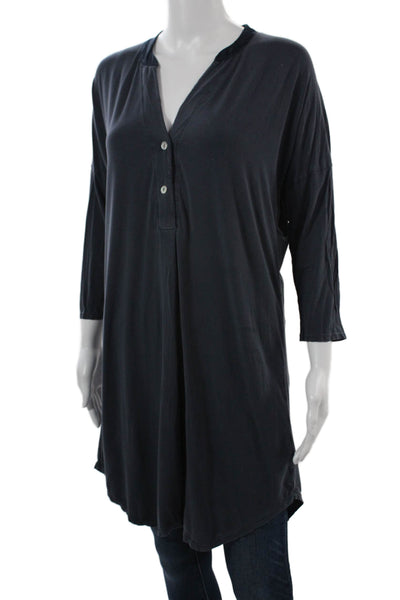 Fleurs Womens Dark Blue V-Neck Tunic Button-Up 3/4 Sleeve Size M