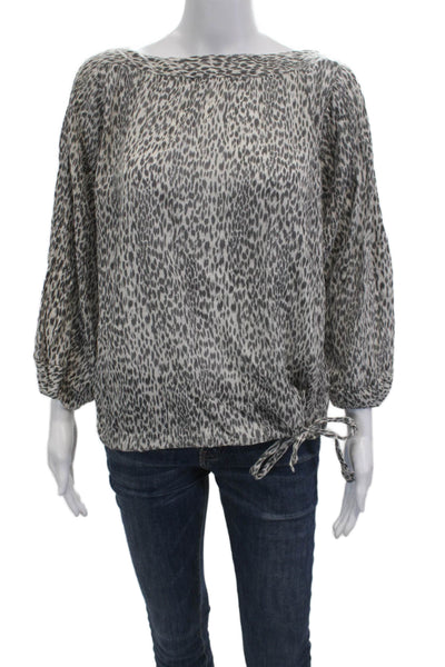 Allsaints Womens Gray Leopard Print Cotton Drawstring 3/4 Sleeve Blouse Size M