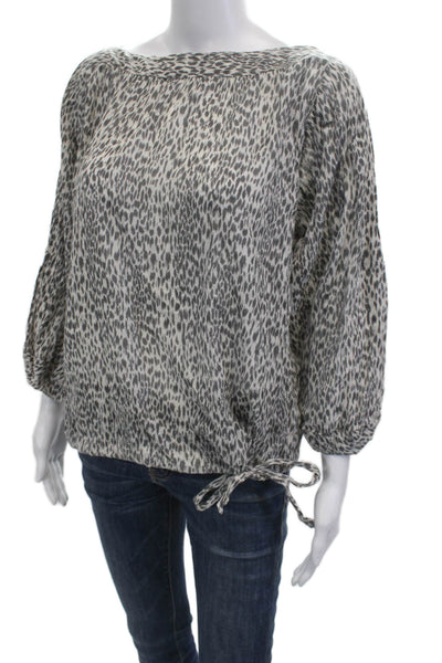 Allsaints Womens Gray Leopard Print Cotton Drawstring 3/4 Sleeve Blouse Size M