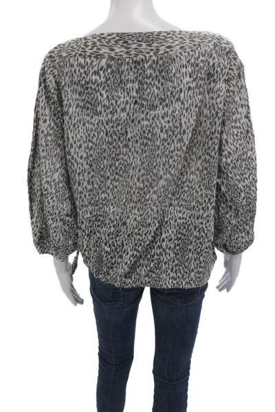 Allsaints Womens Gray Leopard Print Cotton Drawstring 3/4 Sleeve Blouse Size M
