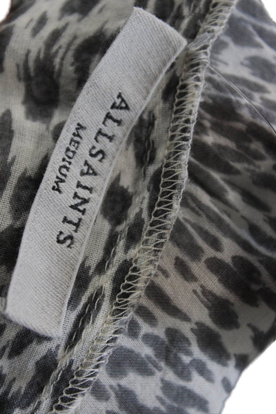 Allsaints Womens Gray Leopard Print Cotton Drawstring 3/4 Sleeve Blouse Size M