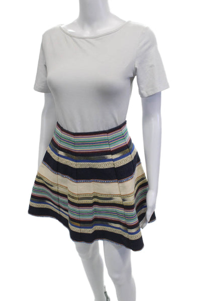 Chloe Oliver Women A-Line Pleated Mini Skirt Beige Cotton Striped Size 0