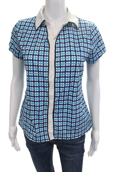 Kinona Women Collared Check Button-Up Short Sleeve Blue Nylon Lycra Top Size S