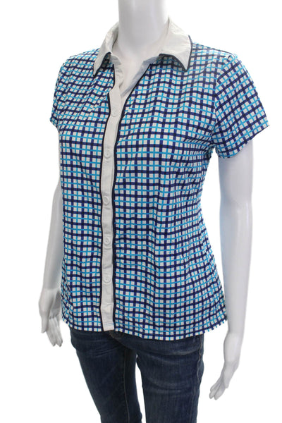 Kinona Women Collared Check Button-Up Short Sleeve Blue Nylon Lycra Top Size S