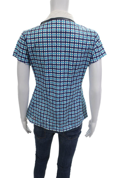 Kinona Women Collared Check Button-Up Short Sleeve Blue Nylon Lycra Top Size S