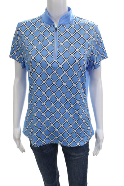 Tail Womens Polo Mock Neck Argyle Blue Zip Short Sleeve Size M