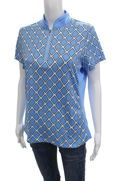 Tail Womens Polo Mock Neck Argyle Blue Zip Short Sleeve Size M