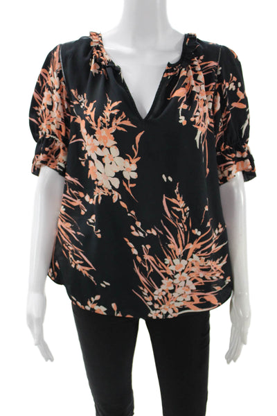 Joie Womens Black V-Neck Floral Short Sleeve Blouse Size M