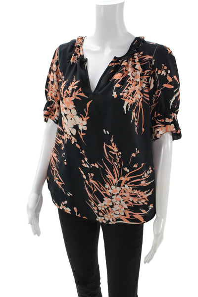 Joie Womens Black V-Neck Floral Short Sleeve Blouse Size M