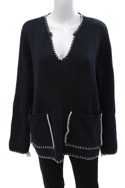 Zara Unisex Pullover Dark Blue V-Neck Long Sleeve Cotton Blend Size M