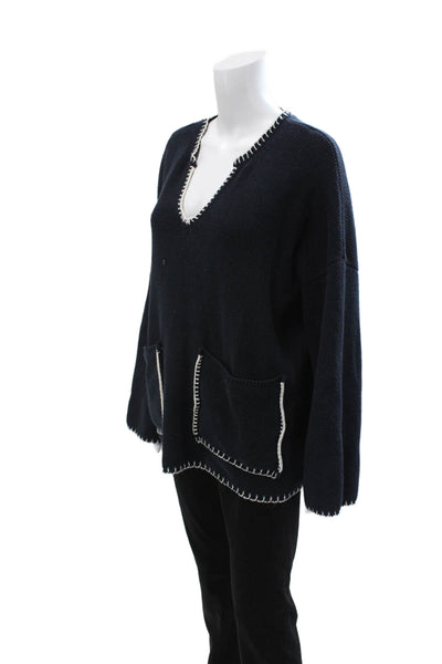 Zara Unisex Pullover Dark Blue V-Neck Long Sleeve Cotton Blend Size M