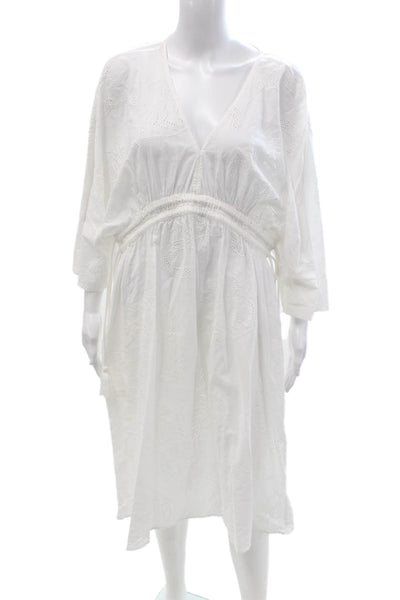 Solid & Striped Women Kaftan V Neck Cotton Midi Dress White 3/4 Sleeve Size S