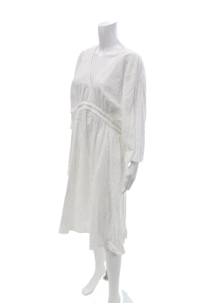 Solid & Striped Women Kaftan V Neck Cotton Midi Dress White 3/4 Sleeve Size S