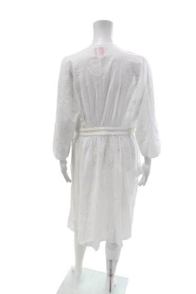 Solid & Striped Women Kaftan V Neck Cotton Midi Dress White 3/4 Sleeve Size S